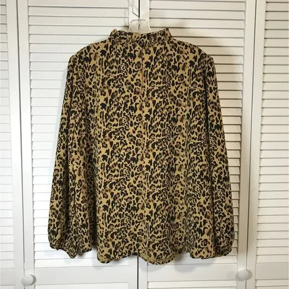 J. Crew Leopard Print Ruffled Neck Long Balloon Sleeve Blouse 2X - Picture 2 of 9